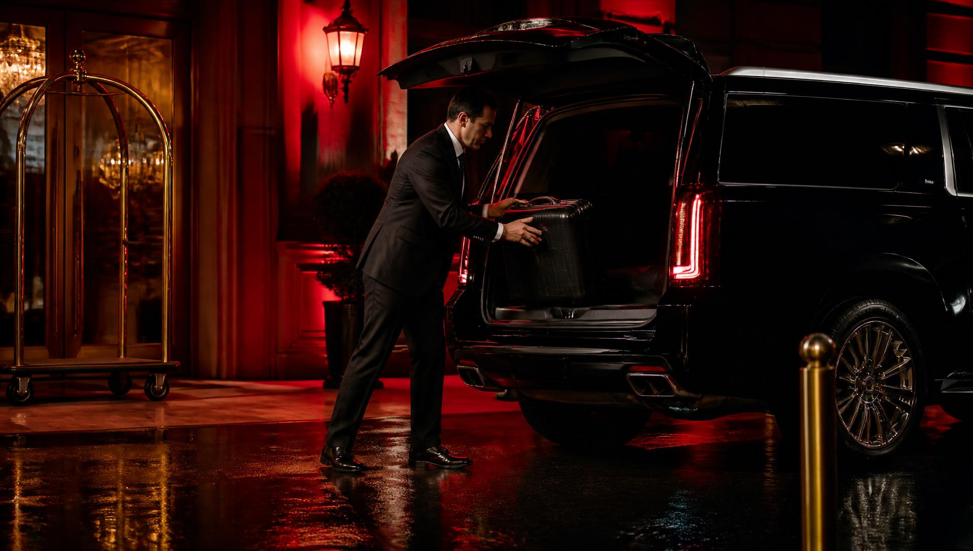 Chauffeur in a black suit opening the rear door of a black SUV
