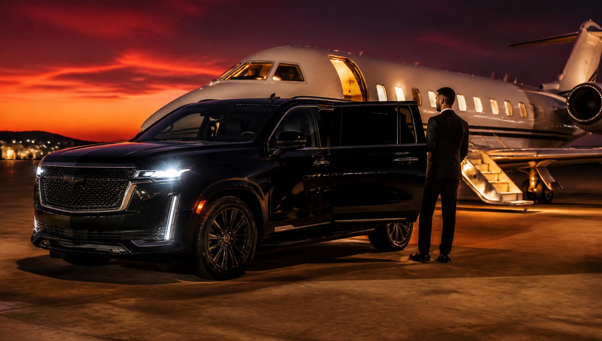Black SUV parked beside a private jet on the tarmac