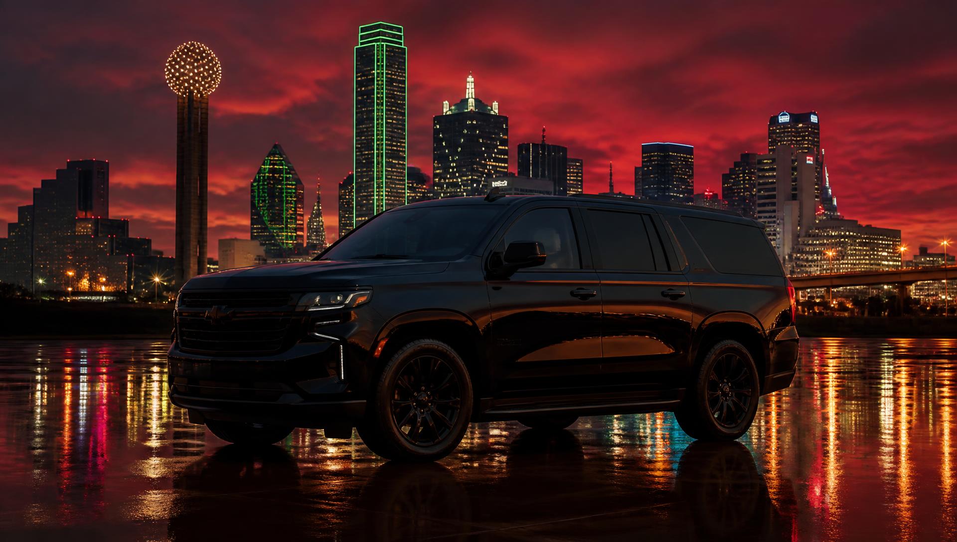 Clean black luxury SUV parked outside a modern building at night