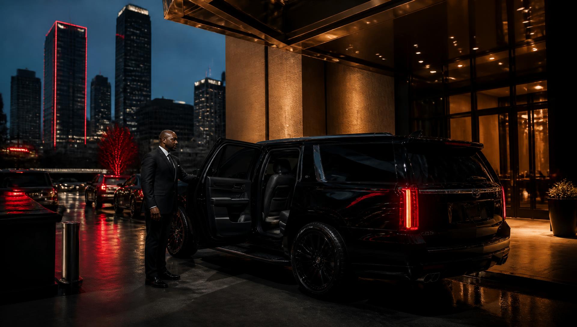 Executive entering a black SUV in a downtown business district