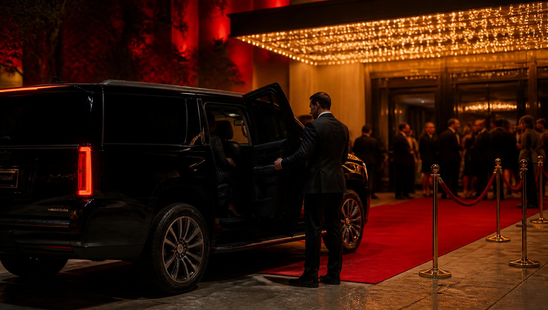 Black SUV parked outside an event venue in the evening